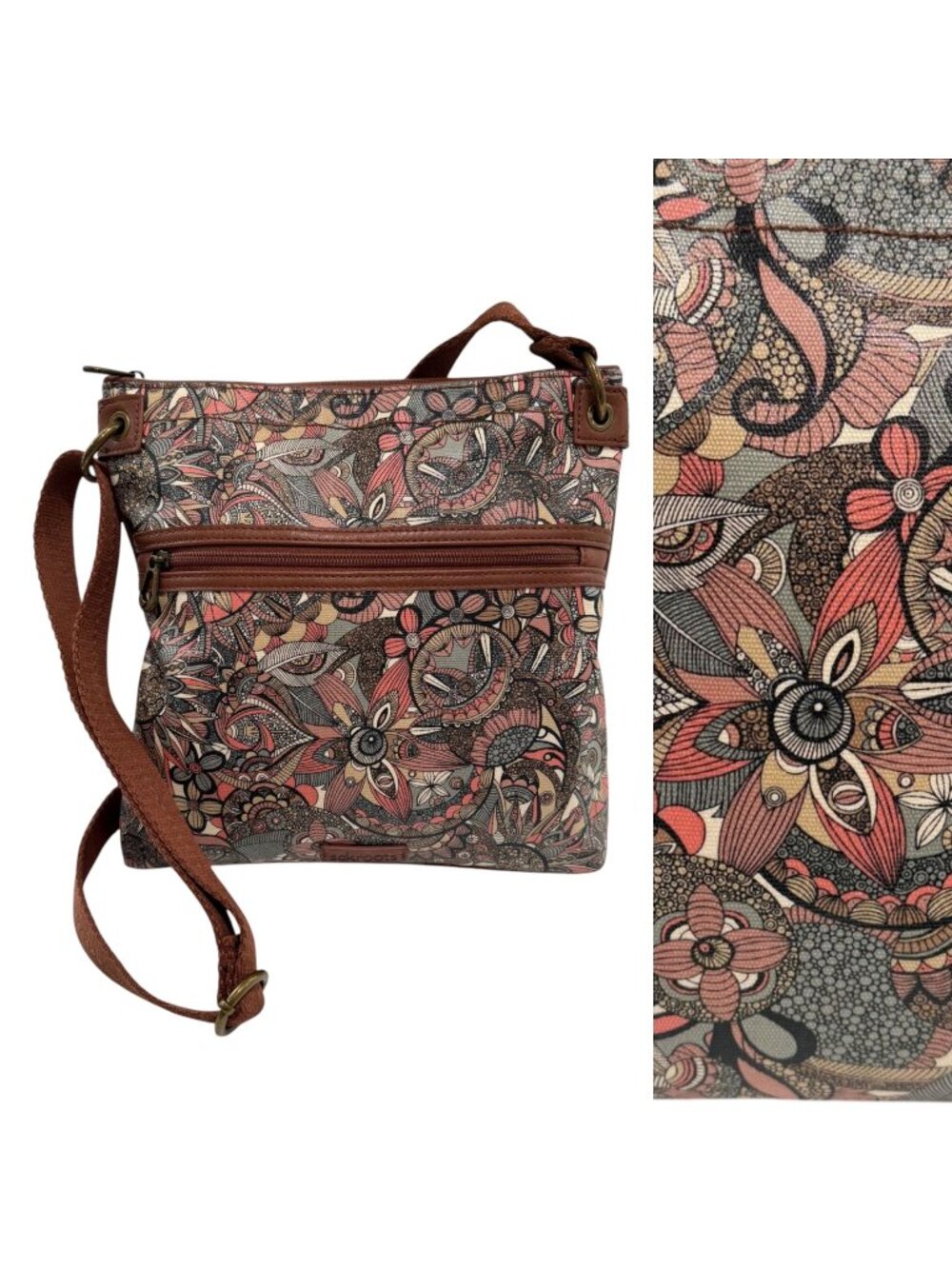 Sakroots Flat Crossbody Bag Sienna Spirit Dessert‎ Brown Pink Boho Floral Retro